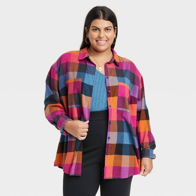 Women's Plus Size Long Sleeve Button-Down Flannel Tunic Shirt - Ava & Viv™