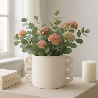 Pottery and Cement Planter with Unique Multi-Loop Handle Design, Stylish Contemporary Accent For Home Décor