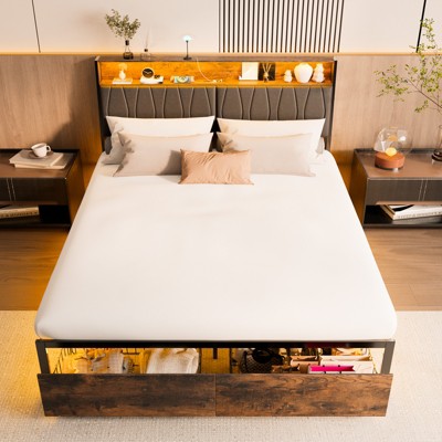 COMHOMA Metal Bed Frame with 2 Storage Drawers,  Power Outlets, 2-Tier Storage Headboard, LED Lighting