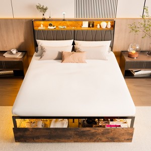 COMHOMA Metal Bed Frame with 2 Storage Drawers,  Power Outlets, 2-Tier Storage Headboard, LED Lighting - 1 of 4