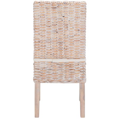 White Upholstered Rattan Side Chair with Natural Wood Legs