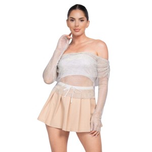 Slickblue Women's Sheer Off-Shoulder Crop Top, Shirred Fishnet Design, Festival Style, Black/Grey & Silver/Tan, Size S-L - 1 of 4
