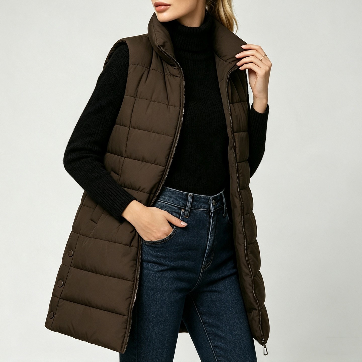 Женский жилет YesFashion Long Puffer Vest, Stand Collar Full Zip Sleeveless Quilted Vest with Pockets, Warm Outerwear Gilet Brown, цвет: Коричневый — фото 1