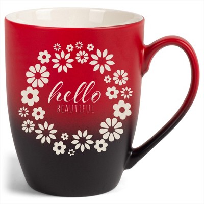Elanze Designs Flower Wreath Hello Beautiful 12 Ounce Ceramic Laser-Etched Engraved Drinkware Mug, Red and Black Ombre