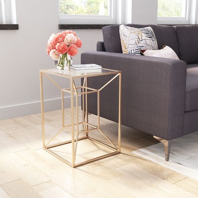 Gold and Glass Boxy Metal Accent Table
