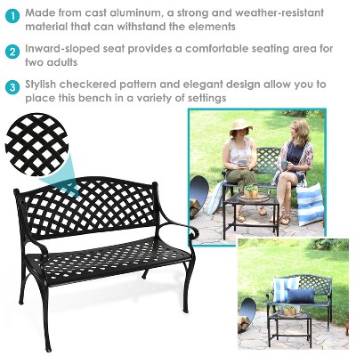 Sunnydaze Black Cast Aluminum Double Seating Lawson Bench