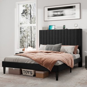 AMERLIFE Bed Frame, Velvet Upholstered Platform Bed with Channel Tufted Headboard - 1 of 4