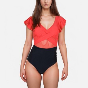 Anna-Kaci Swim Women's Flutter Sleeve One Piece Swimsuit with Crisscross Mesh Panel Detail and Deep V-Neckline - 1 of 4
