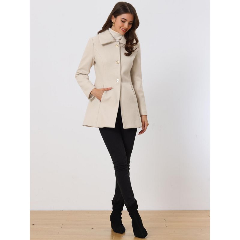 Allegra K Women's Turn Down Collar A-Line Single-Breasted Winter Overcoat with Pockets, 3 of 6