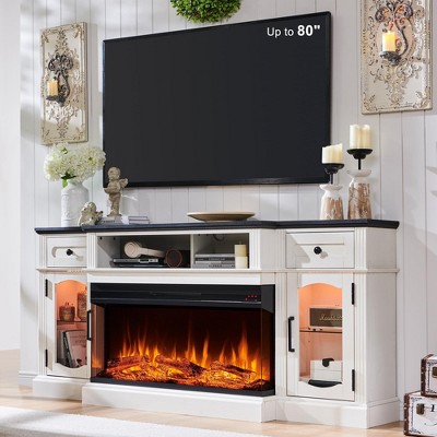 SinCiDo Farmhouse 70" Fireplace TV Stand, for 80" TV, Entertainment Center w/ Fireplace, Remote Control, 3 Types 3D Flames, Storage Cabinet & 2 Drawer