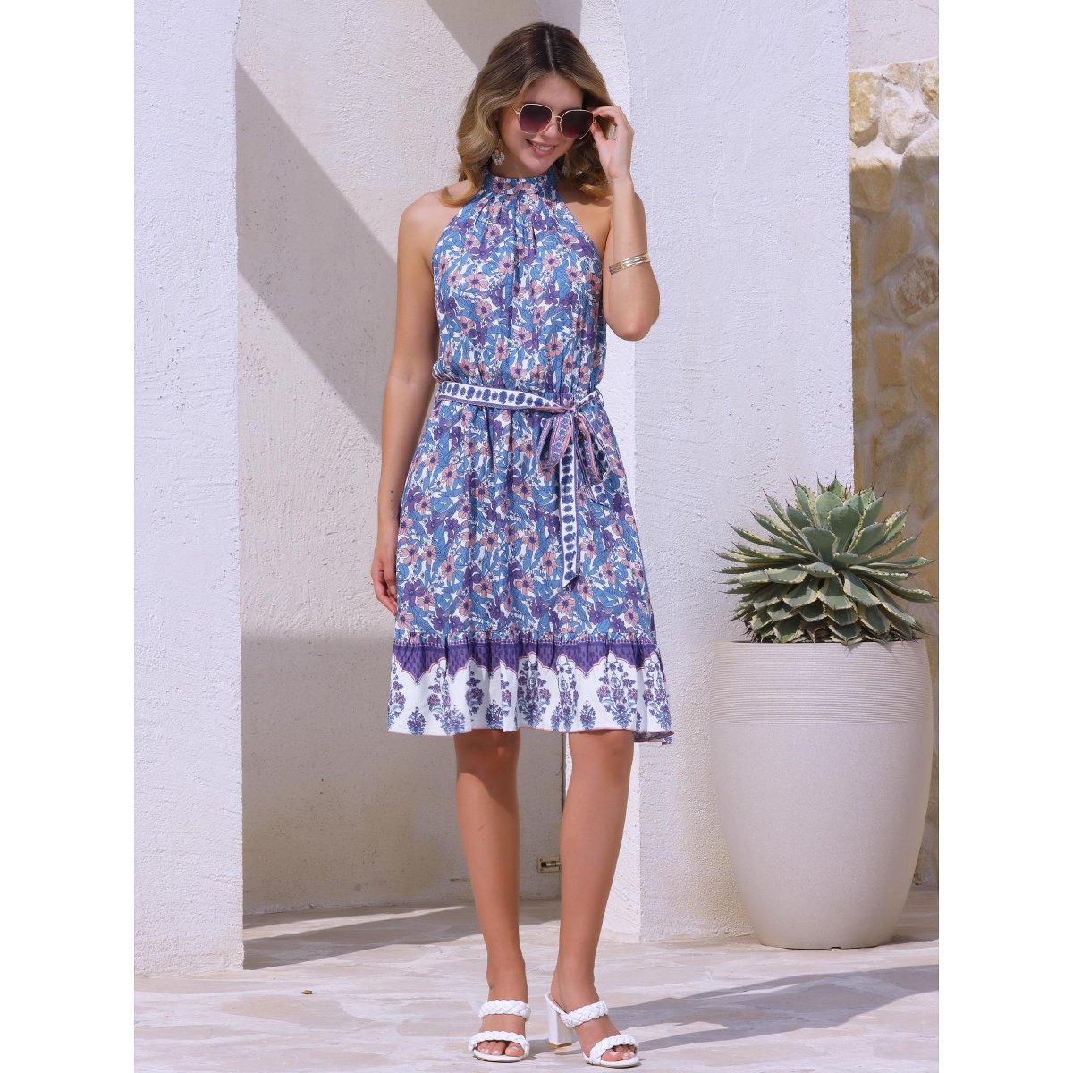 Женские платья INSPIRE CHIC Women's Floral Boho Summer Beach Belted Halter Neck Sleeveless Dress Blue Purple Large — фото 4
