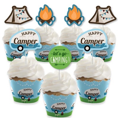 Big Dot of Happiness Happy Camper - Cupcake Decoration - Camping Baby Shower or Birthday Party Cupcake Wrappers and Treat Picks Kit - Set of 24