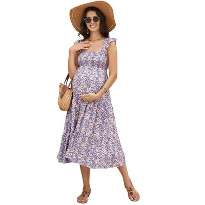 Womens Square Neck Smocked Maternity Dress Flutter Sleeve Summer Maxi Sundress Purple Flower L