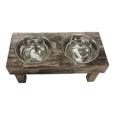 Small Brown Wash Reclaimed Wood Elevated Double Pet Feeder