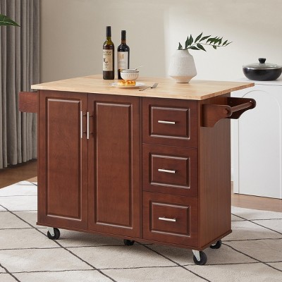 INFURNIC Kitchen Carts and Islands 54 Inch Portable Kitchen Island Cart with Storage Drawers and Spice Rack, Brown, 53.78"*18.11"*35.47"
