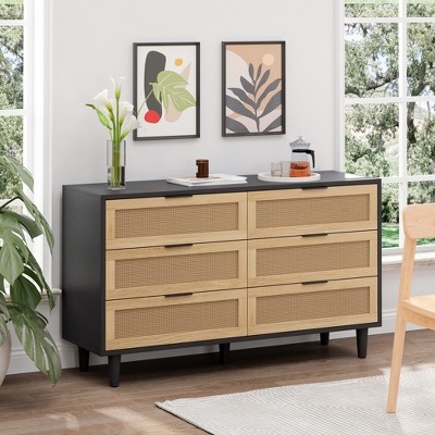 51.18"6-Drawers Rattan Storage Cabinet Rattan Drawer with White Drawer Slides,for Bedroom,Living Room