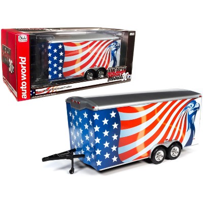 Four Wheel Enclosed Car Trailer w/American Flag Graphics "American Muscle 30th Anniversary" for 1/18 Scale Model Cars Autoworld