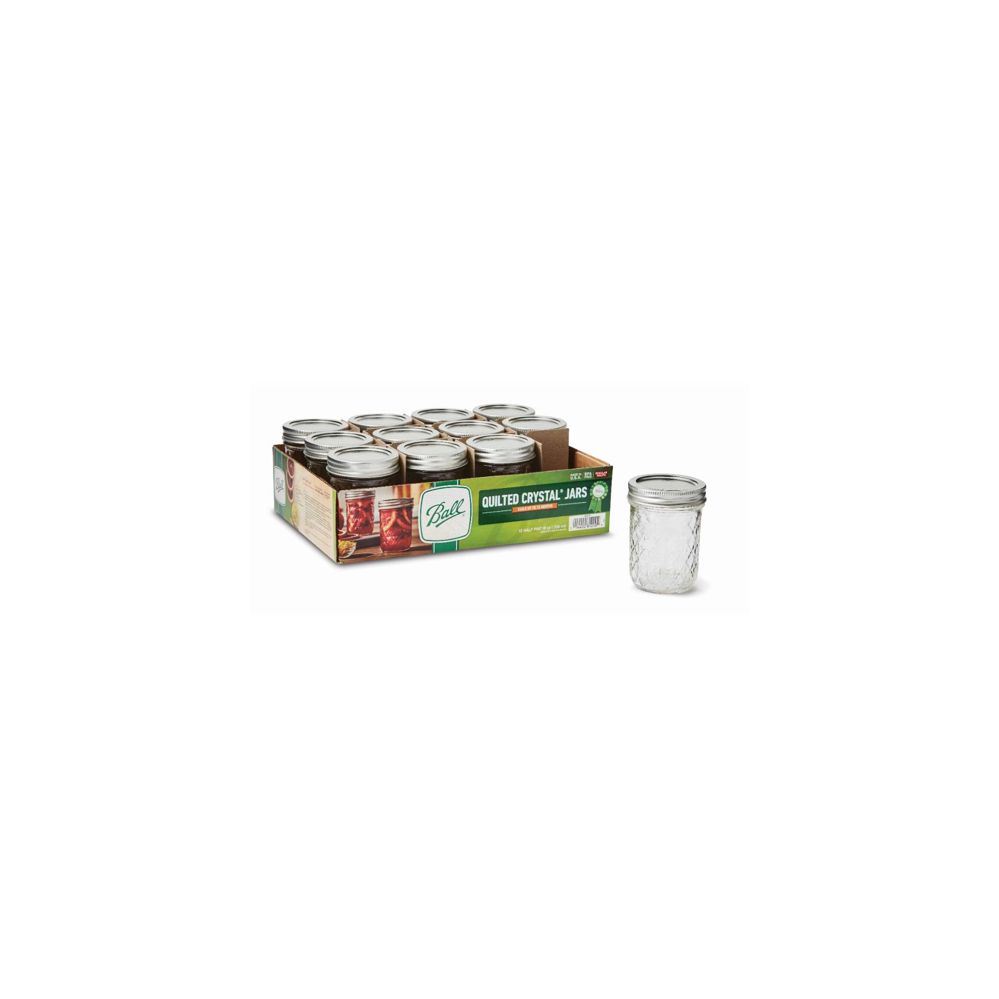 Ball Regular Mouth Jelly Jars, Quilted 8 Ounce 1/2 Pint Mason Jars with Lids and Bands, 12 Count