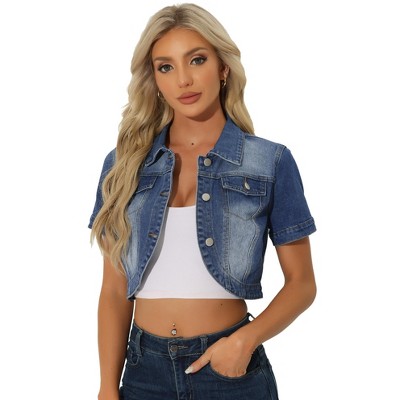 Allegra K Women's Turndown Collar Short Sleeves Crop Casual Jean Jacket ...