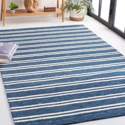 Blue and White Striped Hand-Tufted Wool 4' x 6' Rug