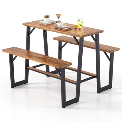 Tangkula Acacia Wood Picnic Table 4-Person Outdoor Table and Bench Set with 2 Built-in Benches Footrests Umbrella Hole Heavy-Duty Metal Frame