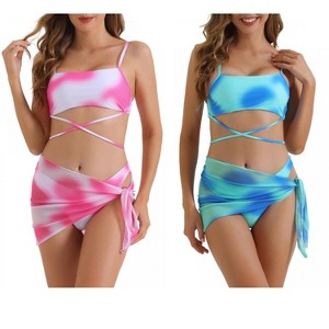 INSPIRE CHIC Women's Adjustable Spaghetti Straps Strappy Triangle Bottoms with Mesh Skirt Bathing Bikini Suit 2 Sets - 1 of 4