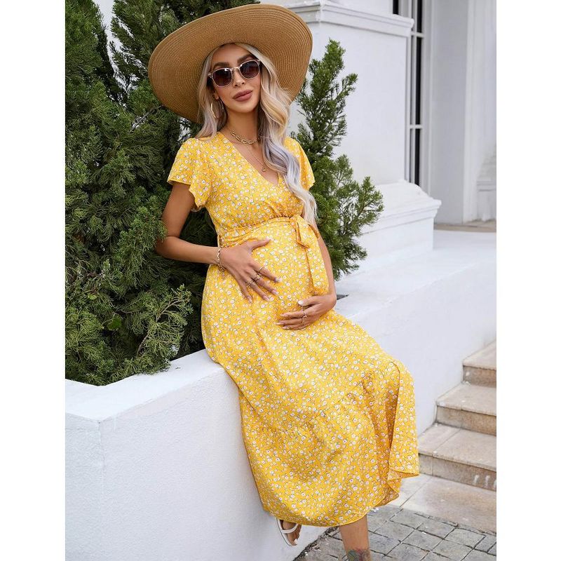 Women's Maternity V Neck Wrap Maxi Summer Dress Short Sleeve Boho Casual Nursing Dress Baby Shower Photoshoot Belt, 5 of 8