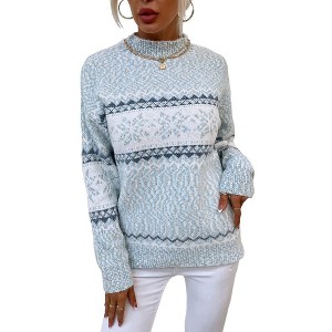 Womens Pullover Sweater Turtleneck Snowflakes Sweater Christmas Sweater Ribbed Knit Long Sleeve Sweater - 1 of 4