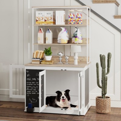 Large White Particleboard and Steel Dog Crate Table with Shelves
