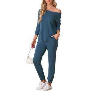 cheibear Women's Sweatshirt Jogger Lounge Set Long Sleeve Knit Round Neck Pajama Tracksuit - 1 of 4