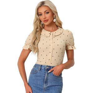 Allegra K Women's Peter Pan Collar Textured Stars Button Down Ruffle Top - 1 of 4