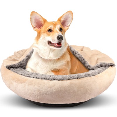 JOEJOY Dog Beds for Small Medium Dogs, Cozy Cuddler Luxury Puppy Pet Bed with Blanket Attached, Donut Round Calming Anti-Anxiety Dog Burrow Cave Bed