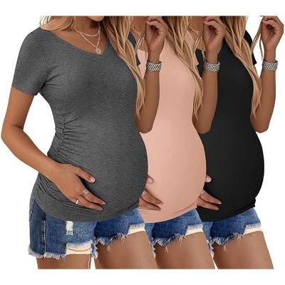 Ekouaer Womens Maternity Shirts 3 Packs V Neck Tops Tunic Pregnancy Clothes Side Ruched Short Sleeve Casual T Shirt
