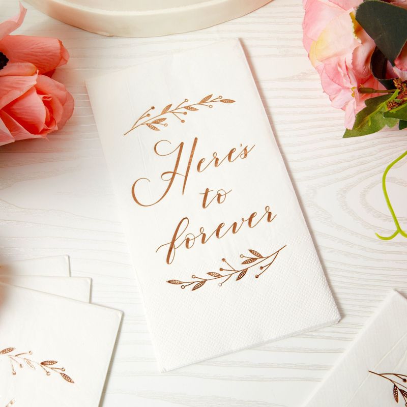 Sparkle and Bash 100 Pack White Napkins for Wedding Reception with Rose Gold Foil Accents, Here's To Forever, 3-Ply, 4 x 8 In, 2 of 6