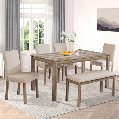 6-Piece Wooden Dining Table Set for 6, Kitchen Dining Table Set with 4 Upholstered Chairs and a Bench for Kitchen, Dining Room
