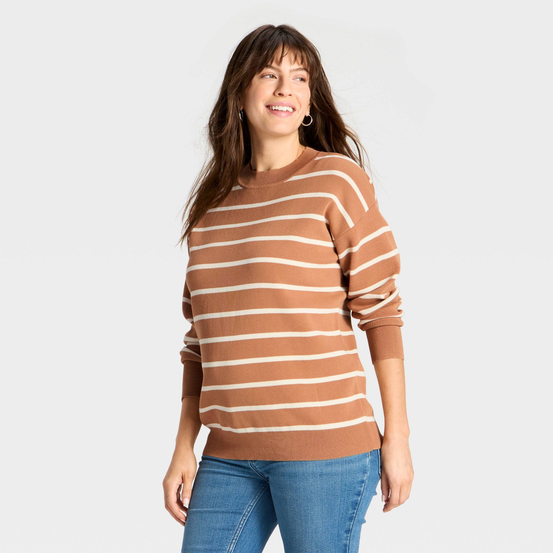 Crewneck Essential Maternity Pullover Sweater - Isabel Maternity by Ingrid & Isabel™ Tan/Cream Striped L