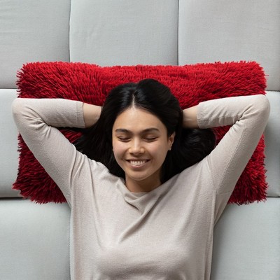 Maroon Faux Fur Shaggy Lumbar Throw Pillows Set of 2