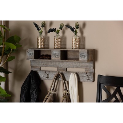 Rustic Whitewashed Oak Wall Mounted Coat Rack with Shelves
