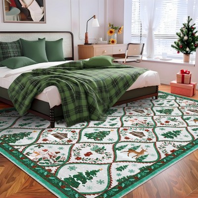 Christmas Area Rug, Xmas Theme Print Throw Carpet with Non Slip Backing, Low Pile Stain Resistant Floor Carpet for Living Room, Bedroom