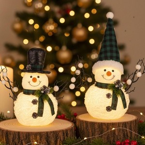 2 Pack 14" Lighted Snowman Tree Buffalo Check Plaid Farmhouse Decorations - 1 of 4