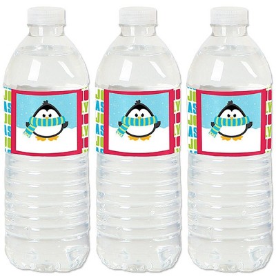 Big Dot of Happiness Holly Jolly Penguin - Holiday or Christmas Party Water Bottle Sticker Labels - Set of 20