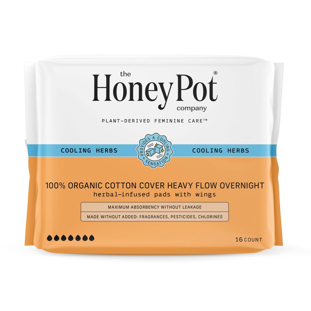 The Honey Pot Company 100% Organic Cotton Cover Cooling Herbal Infusion Heavy Flow Overnight Pads - 16ct