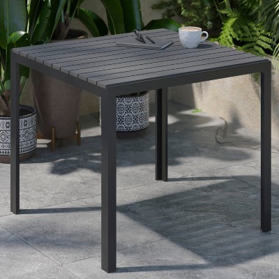 Black Square Steel Patio Dining Table with Poly Resin Slatted Top