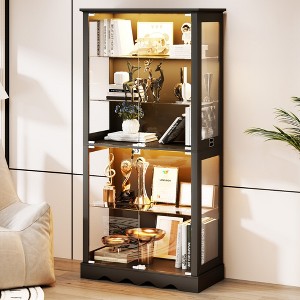 ChicFurnit Display Cabinet with Glass Doors 5-Tier Lego display shelves with 3 Color Lights for handicrafts Storage Cabinets, Black - 1 of 4