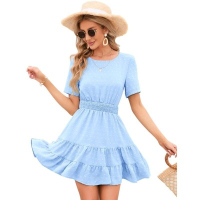 Coolmee Women's Summer Dresses Casual Square Neck Dresses Ruffle Short Sleeve   Dot Flowy Mini Dress