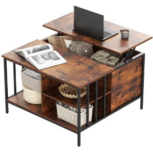 Munora 31.5" Rustic Wood Grain Coffee Table with Flip Top, Hidden Storage & 3 Open Shelves, Farmhouse Style with Black Metal Frame (Brown + Black) - 1 of 4
