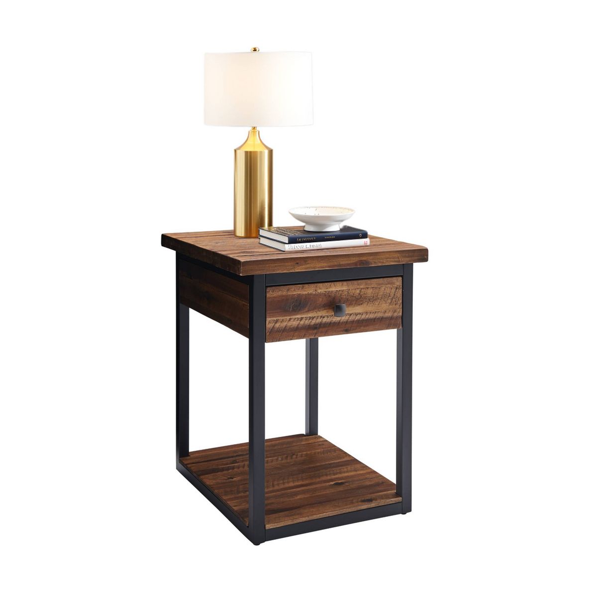 Claremont Rustic Wood End Table with Drawer and Low Shelf Dark Brown - Alaterre Furniture