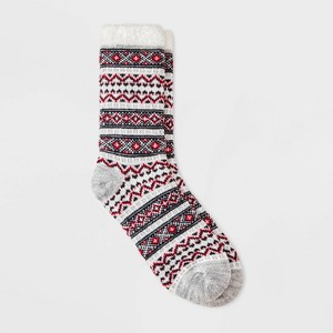 Women's Mixed Geo Double Lined Cozy Crew Socks - Auden™ Heather Gray/Red/ Ivory 4-10 - 1 of 3