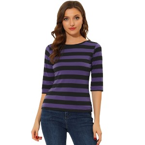 INSPIRE CHIC Women's Elbow Sleeves Boat Slim Fit Casual Stripe Animal Print Multi Floral Pattern T-Shirt - 1 of 4