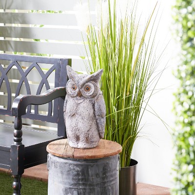 17" Gray Polystone Owl Garden Sculpture with Orange Eyes